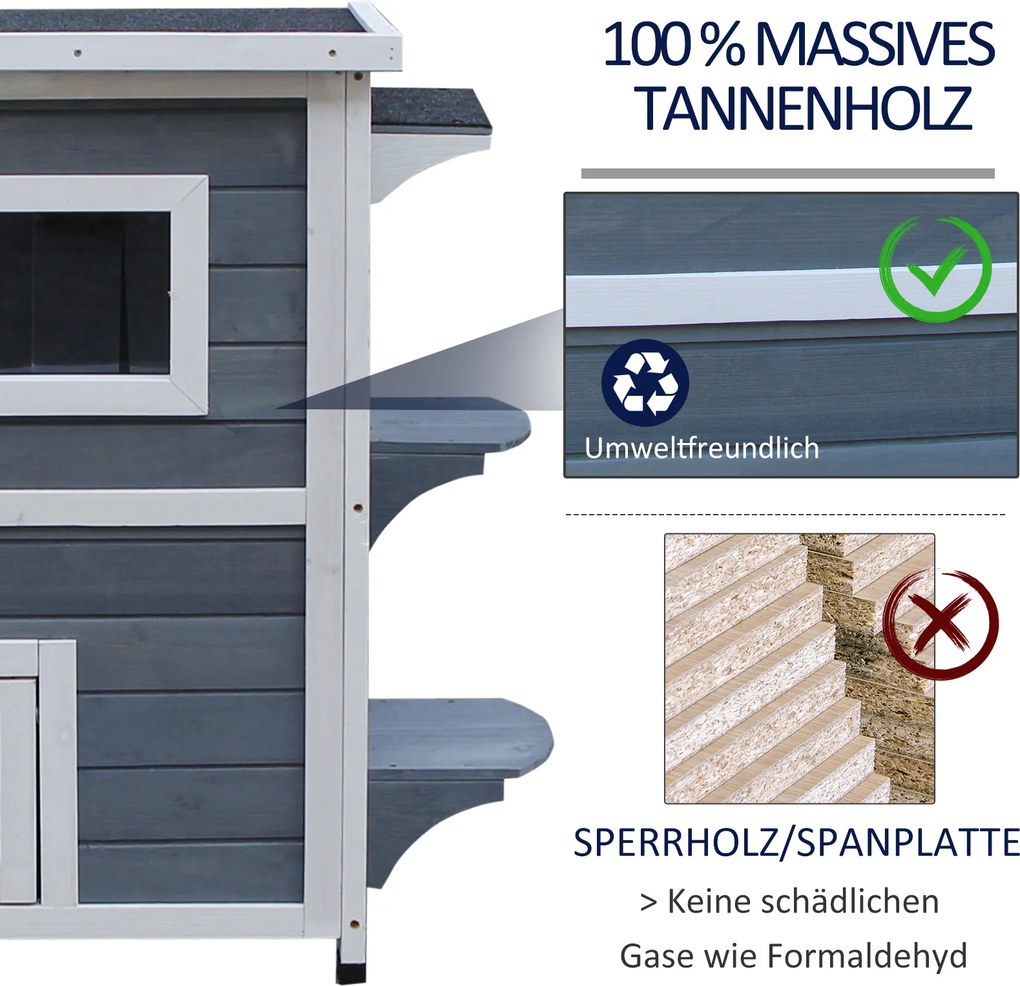 PawHut Elegancka Willa dla Kota z Drewna Sosnowego 2 Poziomy z Łatwym Dostępem i Oknami