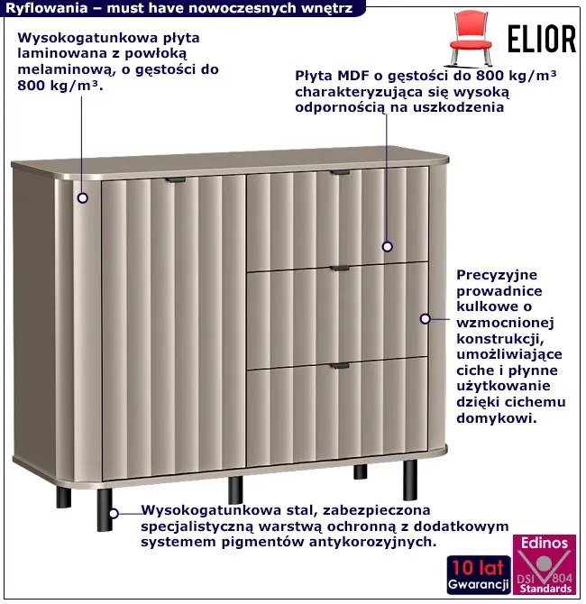 Szara ryflowana komoda szufladami i szafką glina E5-W54