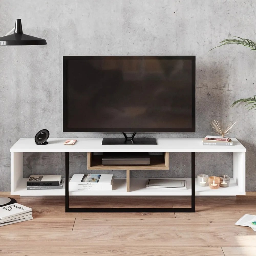 Biała szafka pod TV w dekorze dębu 149x40 cm Asal – Kalune Design