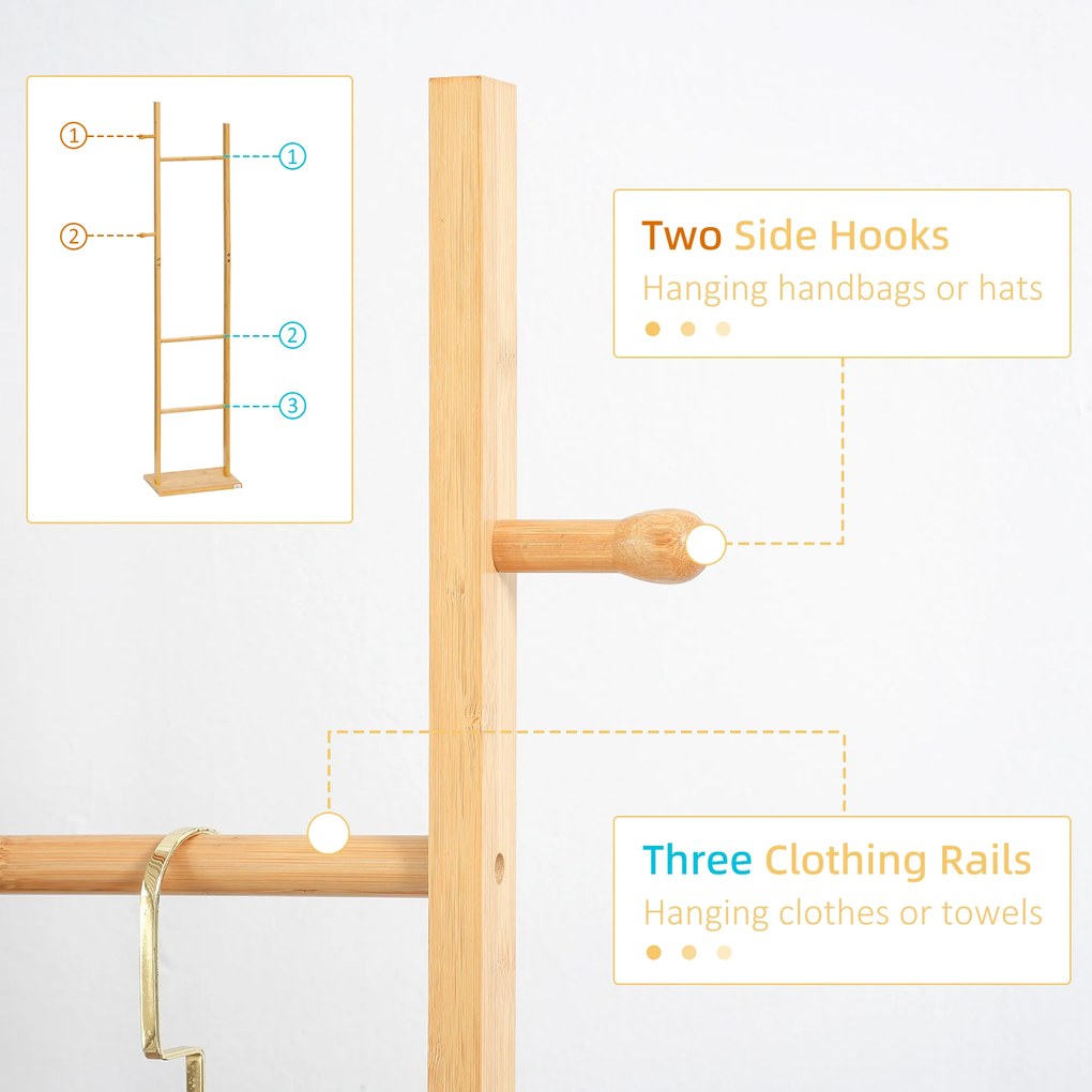 HOMCOM Nowoczesny stojak na ubrania, 2 haki &amp; 3 drążki, solidny bambus, 36x24x168 cm, naturalny
