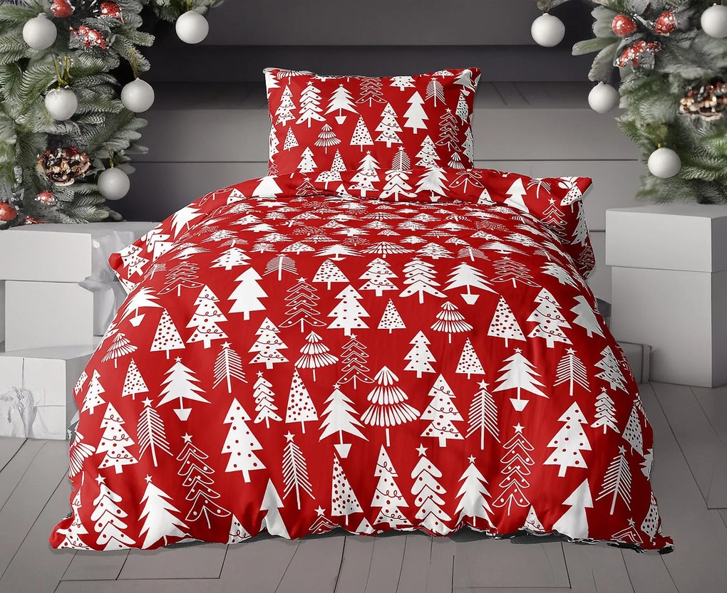 PrzytulneMieszkanie.pl PrzytulneMieszkanie.pl Pościel flanelowa CHRISTMAS TREES czerwona Rozmiar pościeli: 70 x 90 cm | 140 x 200 cm