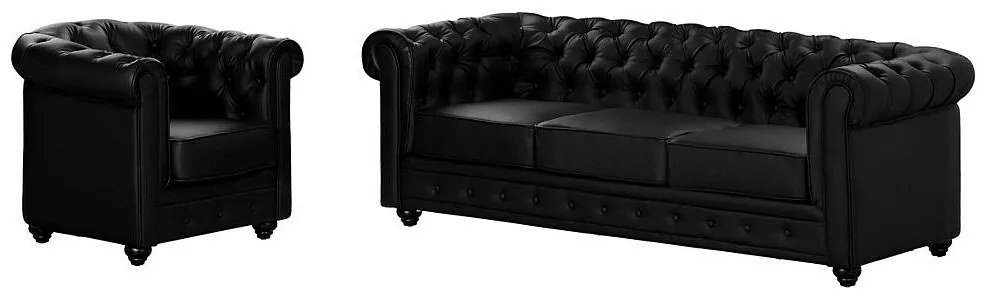 Kanapa 3-osobowa i fotel CHESTERFIELD - Z ekoskóry - Czarny
