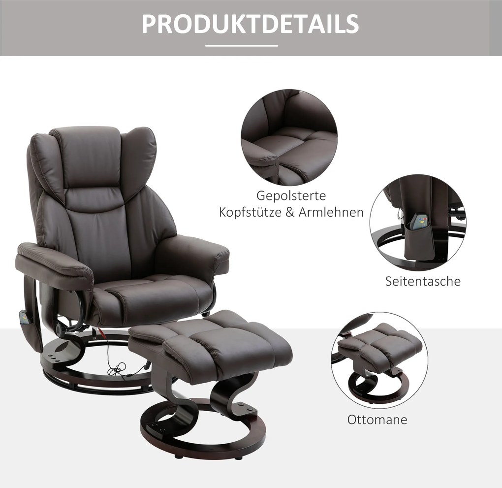 HOMCOM Fotel masujący z pufą relaksacyjny regulowany 145 stopni brązowy sztuczna skóra | Aosom PL