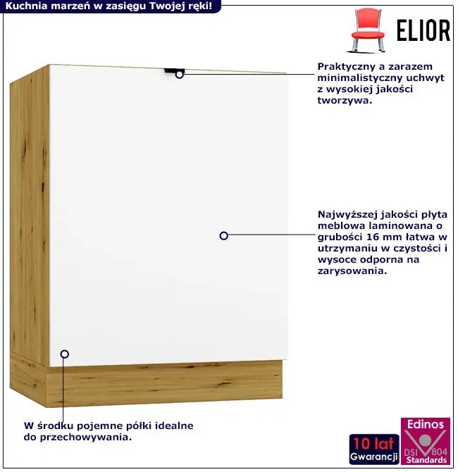 Szafka kuchenna dolna jednodrzwiowa 60 cm biały + dąb artisan - Elandro 6X