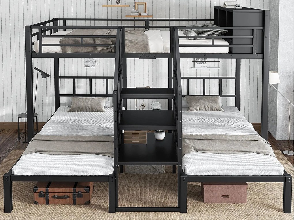 Łóżko piętrowe 90x200 cm + 140x200 cm - 3 miejsca do spania - z miejscem do przechowywania - schody z poręczami bezpieczeństwa - czarny