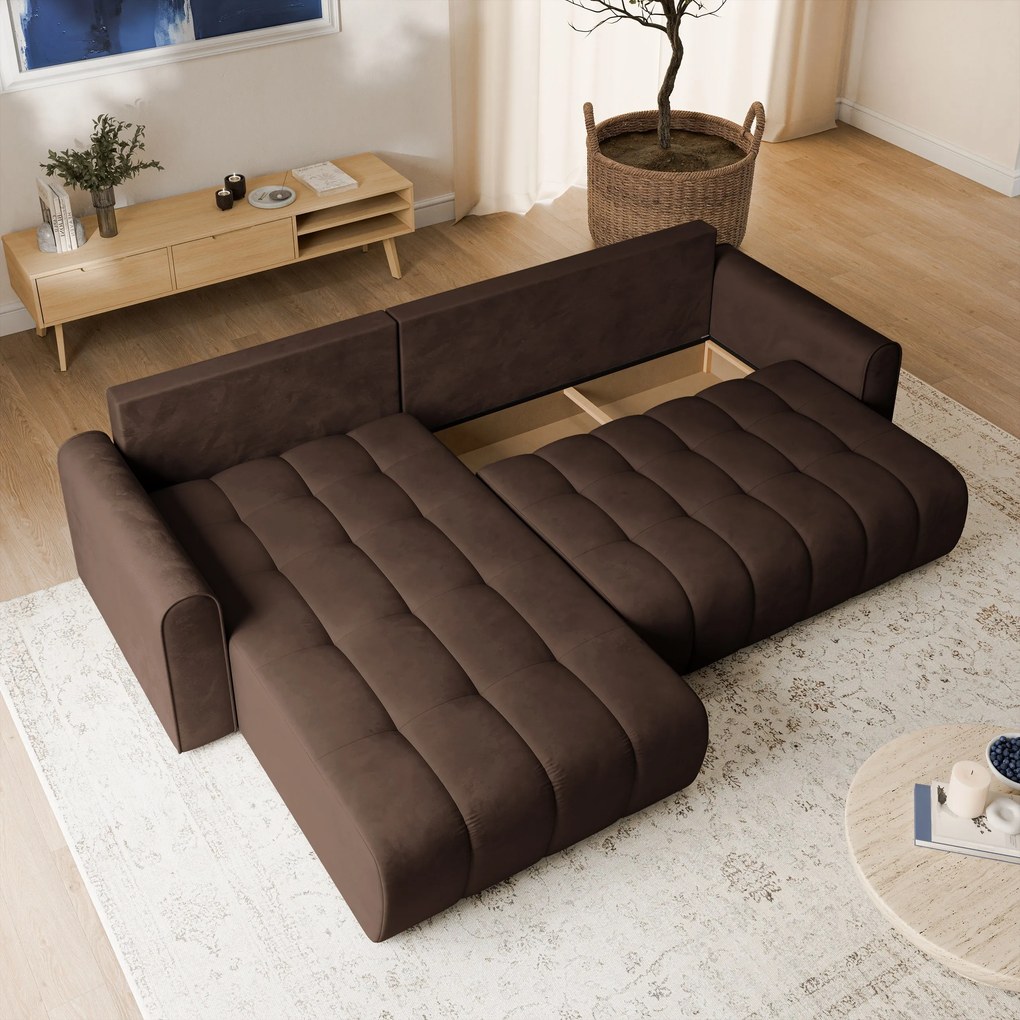 Masseno Narożnik FRIGA z funkcją spania i pojemnikiem na pościel Narozniki L, Rozkładana sofa - Brązowy, MONOLITH 29