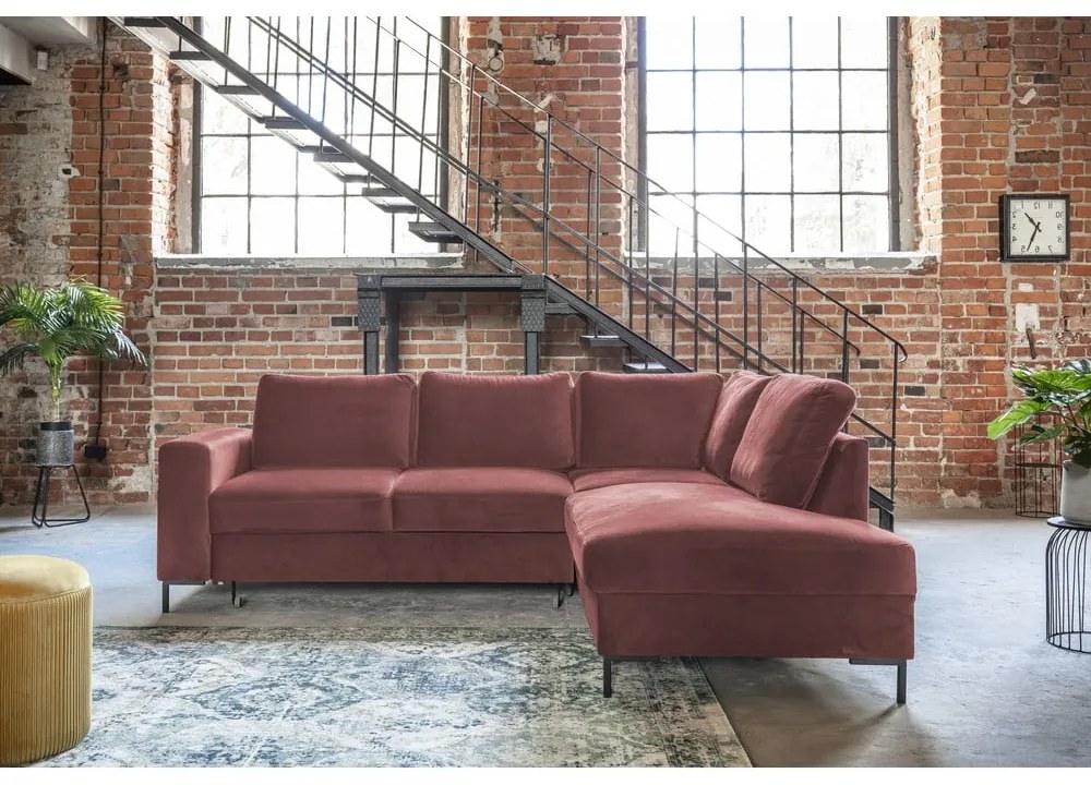 Różowy aksamitny rozkładany narożnik (prawostronny) Lofty Lilly – Miuform