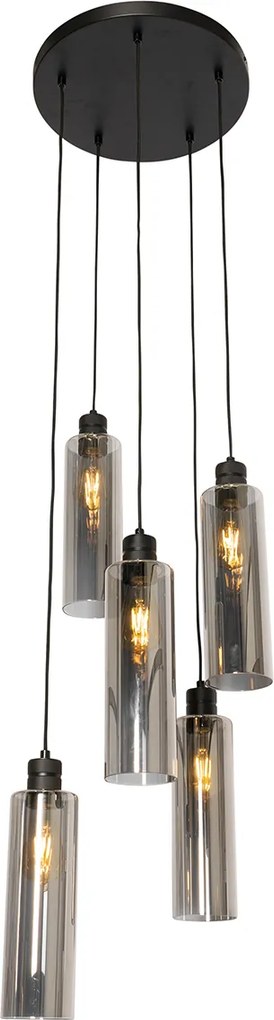 Nowoczesna lampa wisząca czarna z przydymionym szkłem 5-światłowa - Stavelot