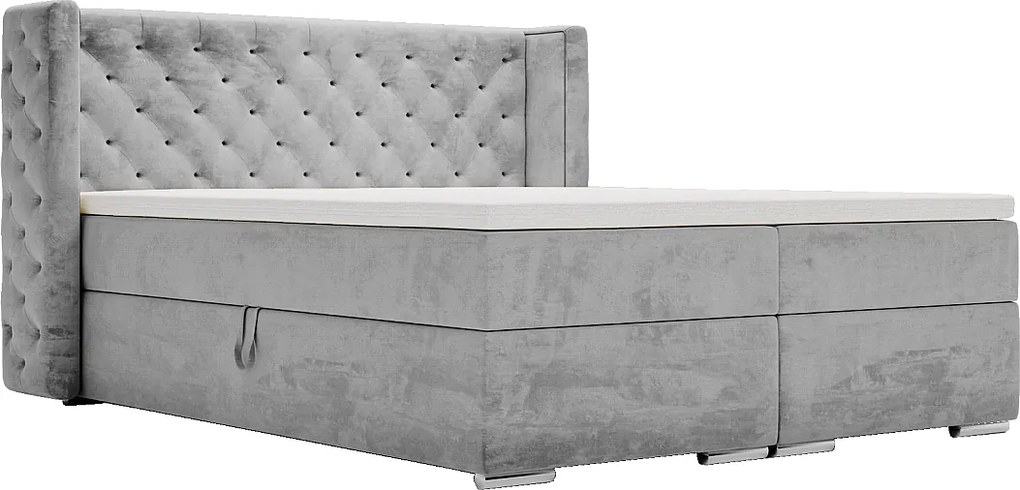 Emporius Valencia Box łóżko kontynentalne 160x200 - topper, materac H3, pojemnik - łóżko małżeńskie, tkanina aksamitna, szary (Magic Velvet 2217)