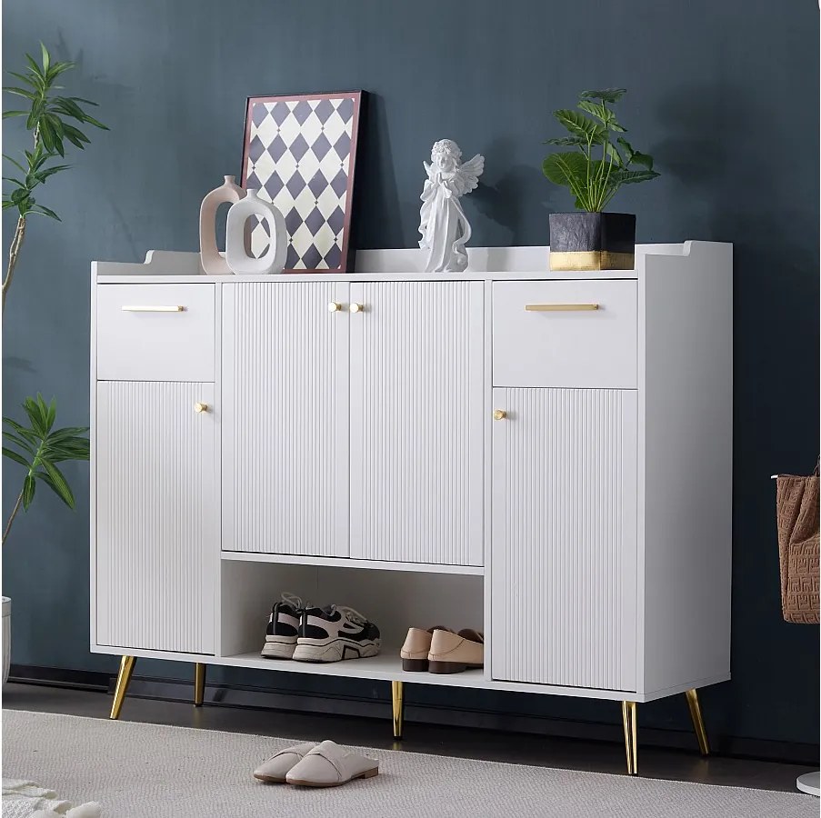 Szafka na buty z 2 szufladami i 4 drzwiami - 130 x 37 x 100 cm - nogi metalowe i płyta wiórowa - biała