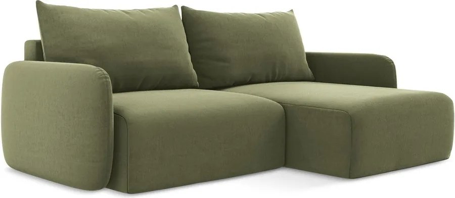 Zielony aksamitny rozkładany/ze schowkiem narożnik (prawostronny/z szezlongiem) Kalena – Makamii