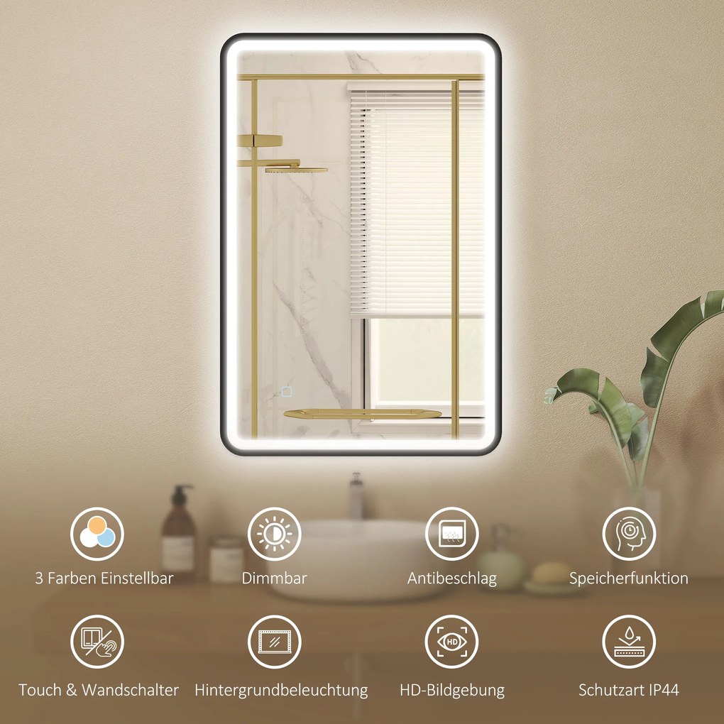 HOMCOM 90 x 60 cm lustro łazienkowe LED, światła, 3 kolory, ściemnialne, funkcja pamięci, poziomo i pionowo, czarne