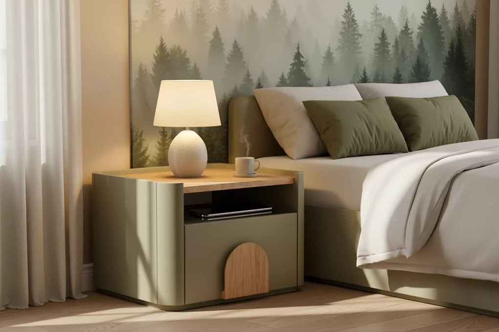 Szafka nocna Amilio z szufladą 50 cm - eukaliptus / dąb baltic dune / uchwyty dąb naturalny