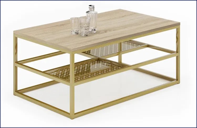 Stolik z półkami glamour dąb sonoma + złoty - Hila 3X