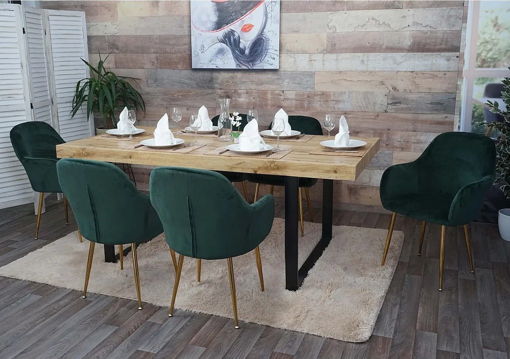 Krzesło do jadalni MCW-F18 (zestaw 6 sztuk),  aksamitna zieleń, złote nogi