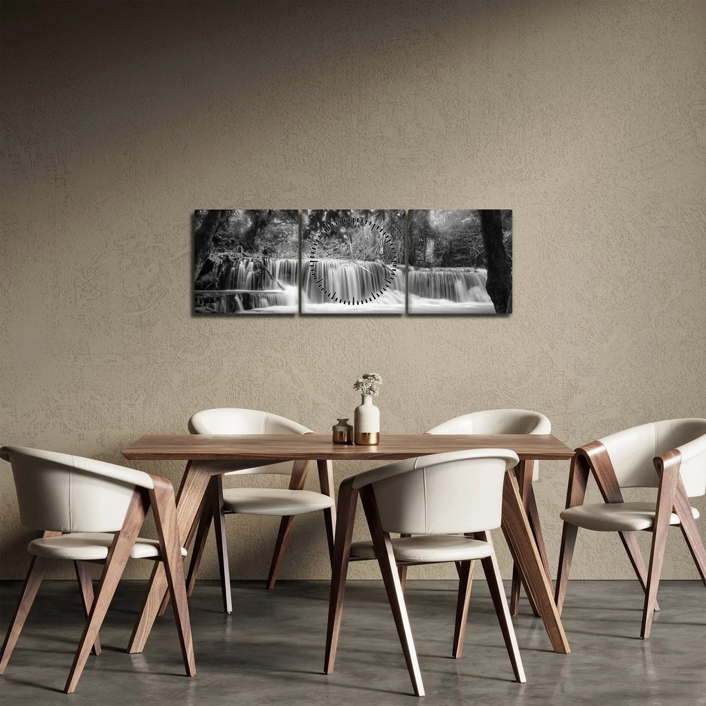 Obraz - Czarno-biały wodospad (z zegarem) (90x30 cm)