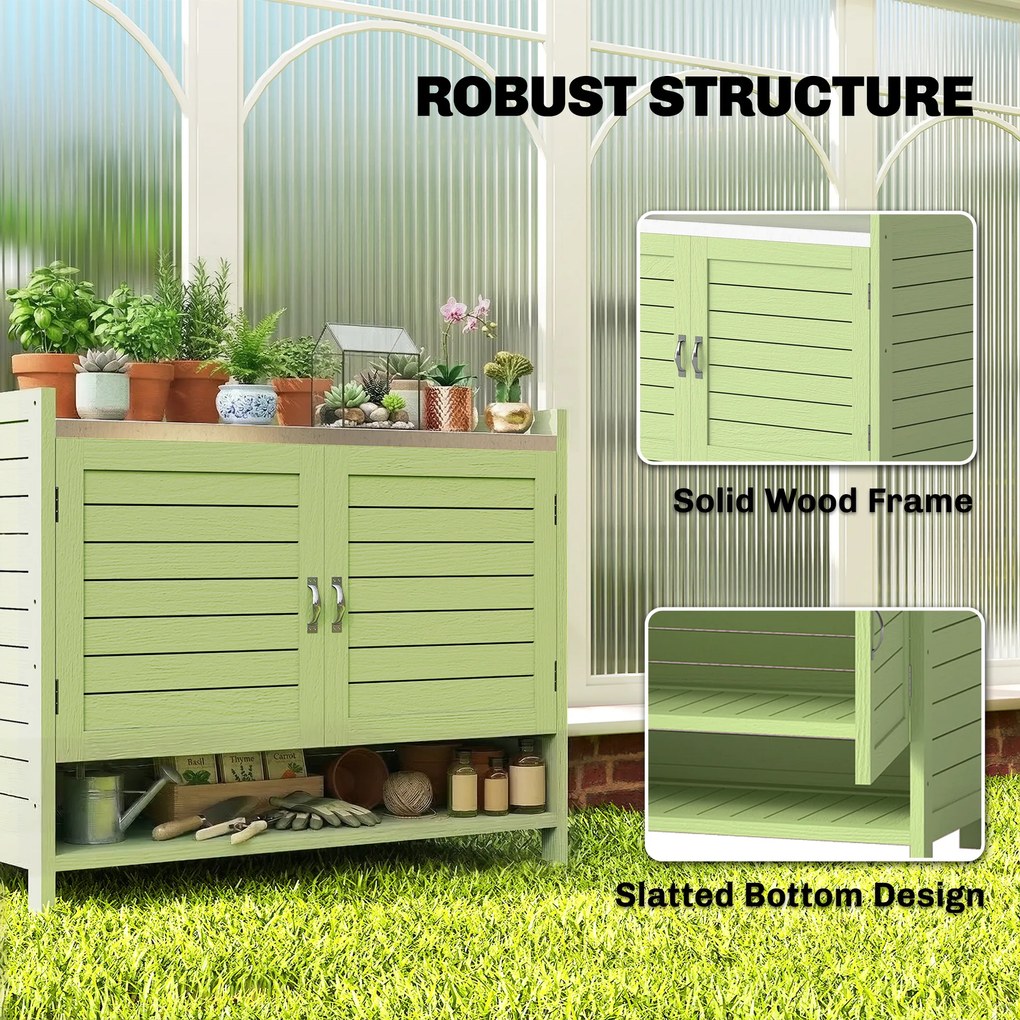 Outsunny Stół do sadzenia z szafką z drewna, szafka ogrodowa z ocynkowanym blatem, 3 półki, 88x40x70,5cm, zielony | Aosom PL