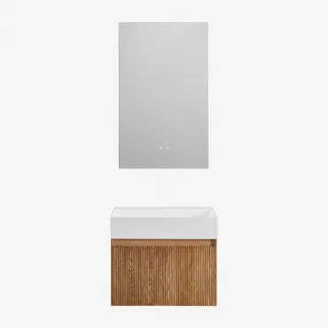 Zestaw Drewnianych Mebli Łazienkowych Aldeia Ze Zintegrowaną Umywalką Ciemna Czerń & Prostokątny Led I Przeciwmgielny 60x90 Cm Kirvex - Sklum