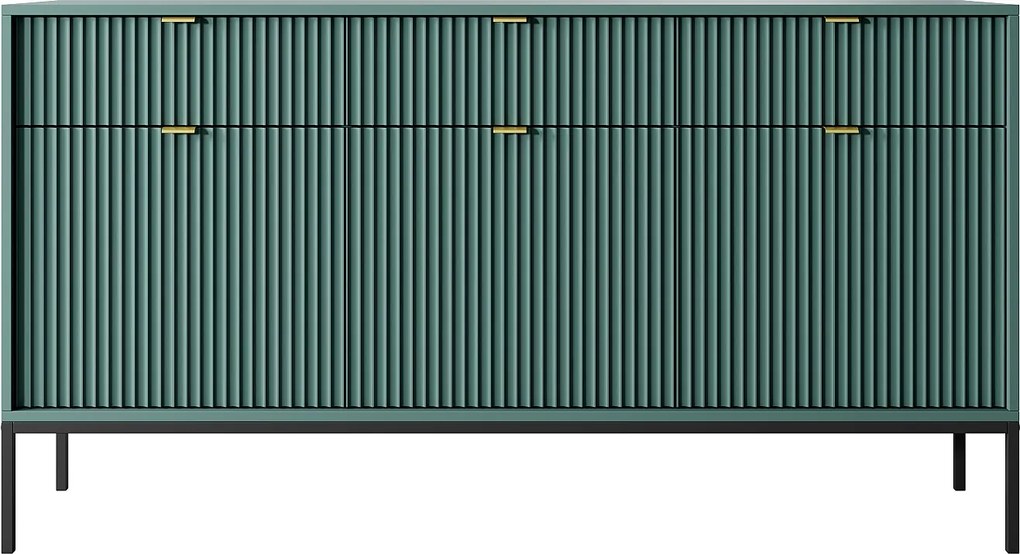 Komoda: 3 szuflady, 3 drzwi, labrador, czarna, 154 x 83 x 39 cm, złote uchwyty