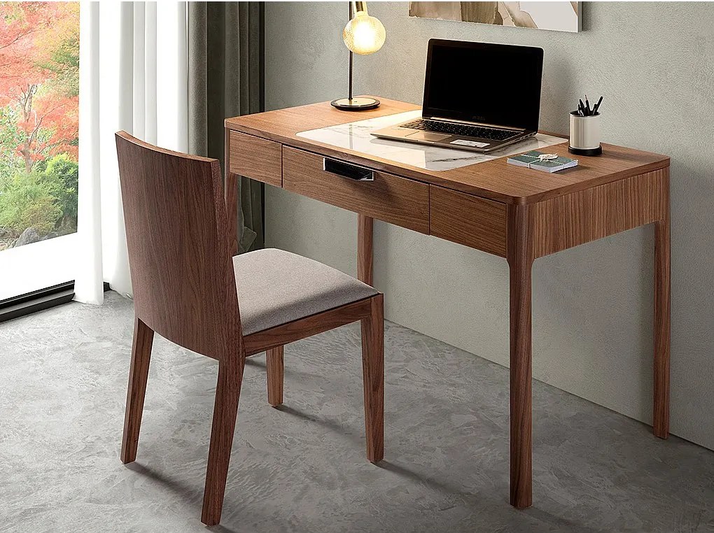 Orzechowa toaletka z białym i błyszczącym szarym szklanym blatem o wyglądzie marmuru 7043 ANGEL CERDA