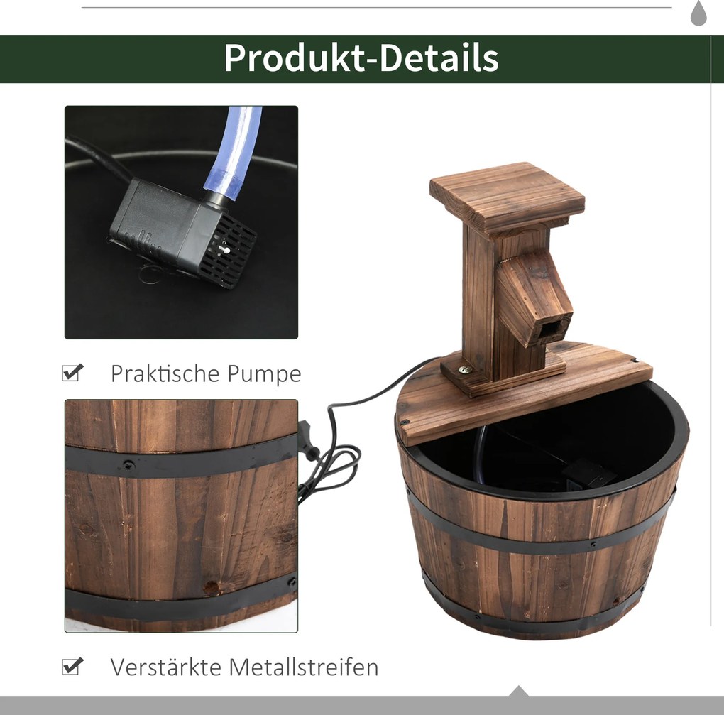 Outsunny Fontanna Ogrodowa Studnia Beczka Wodospad w Kolorze Ciemnobrązowym Drewno Ø27x37cm | Aosom PL