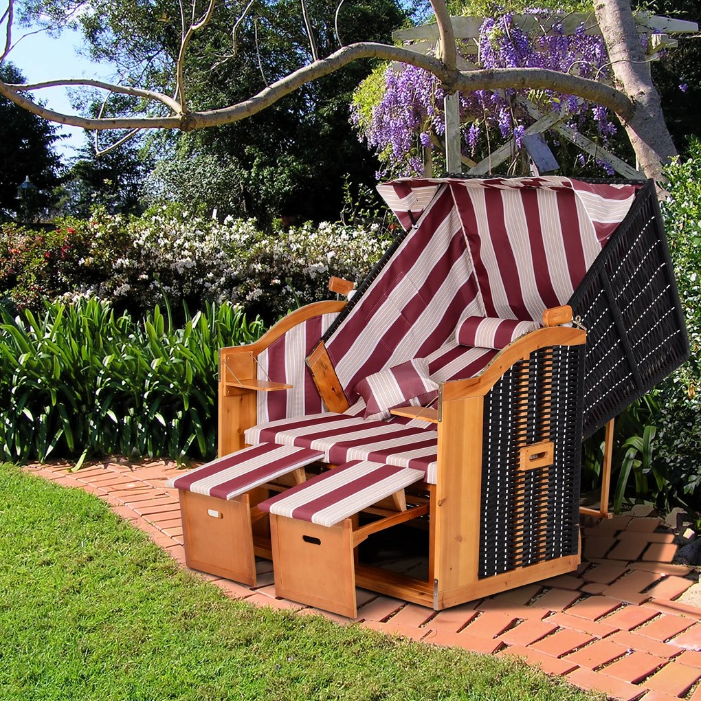 Outsunny Leżak ogrodowy 2-osobowy z daszkiem i podnóżkiem, rattan PE, czerwony, 118x79x150cm | Aosom PL