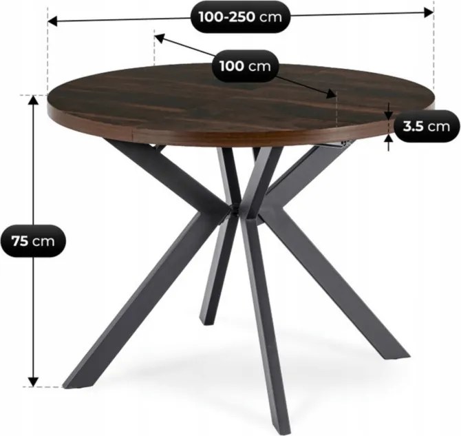 Stół Okrągły Rozkładany LUKAS 100-250 cm Orzech/Czarny Nowoczesny