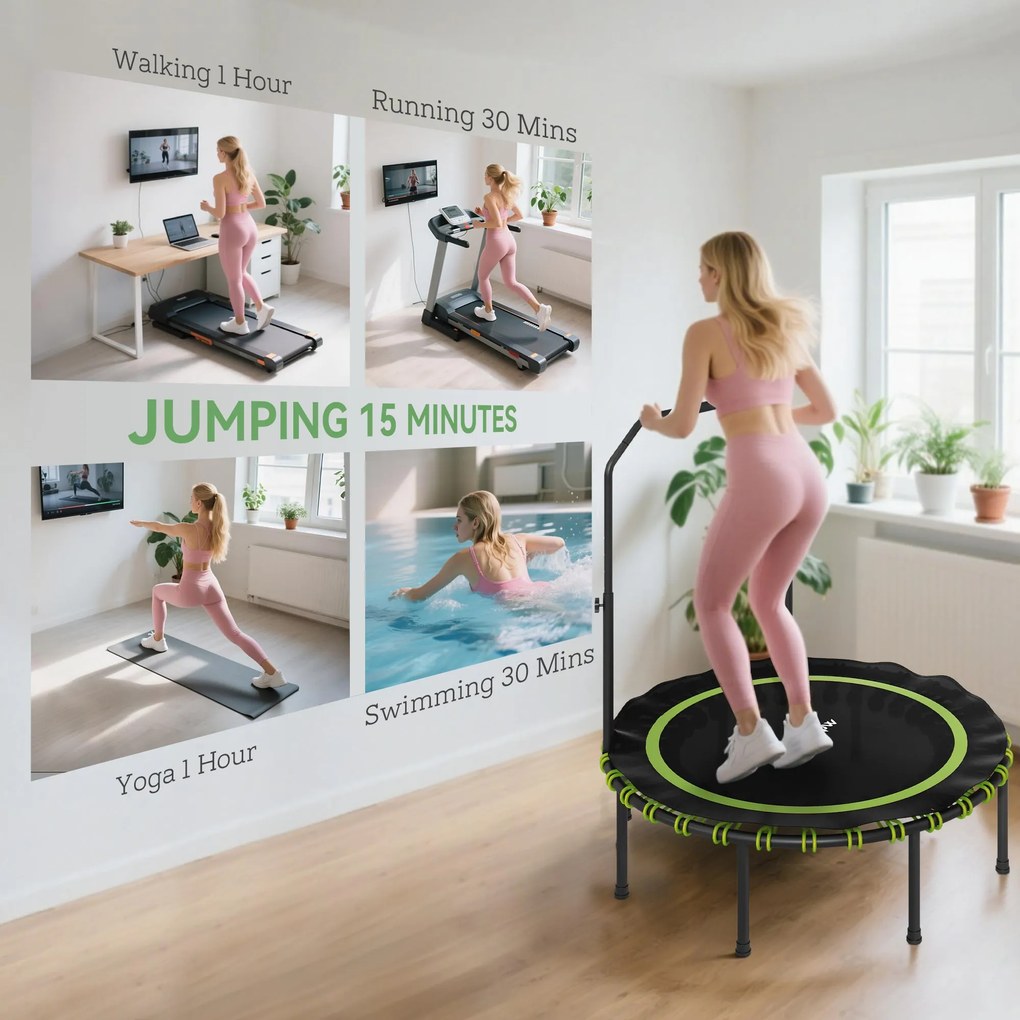 SPORTNOW Trampolina fitness z regulowaną poręczą, Trampolina sportowa do wewnątrz i na zewnątrz, Stal, Tworzywo sztuczne, Zielona