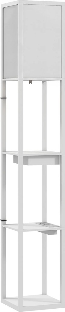 HOMCOM Lampa stojąca z 3-poziomowym regałem, przełącznik nożny, porty USB, MDF, Biała | Aosom PL