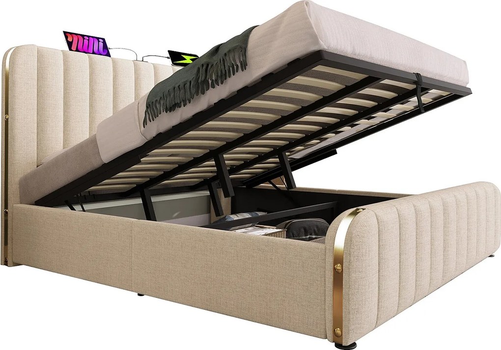 Łóżko tapicerowane dwuosobowe ze schowkiem - 180 x 200 cm - z zagłówkiem + USB + schowek hydrauliczny - len - beżowe (z materacem)