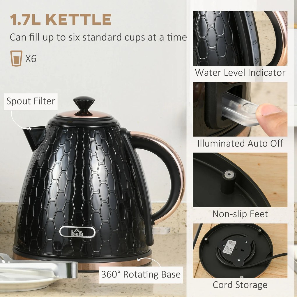 HOMCOM Zestaw czajnika i tostera, 1,7 L, różne tryby, wskaźniki LED, czarny