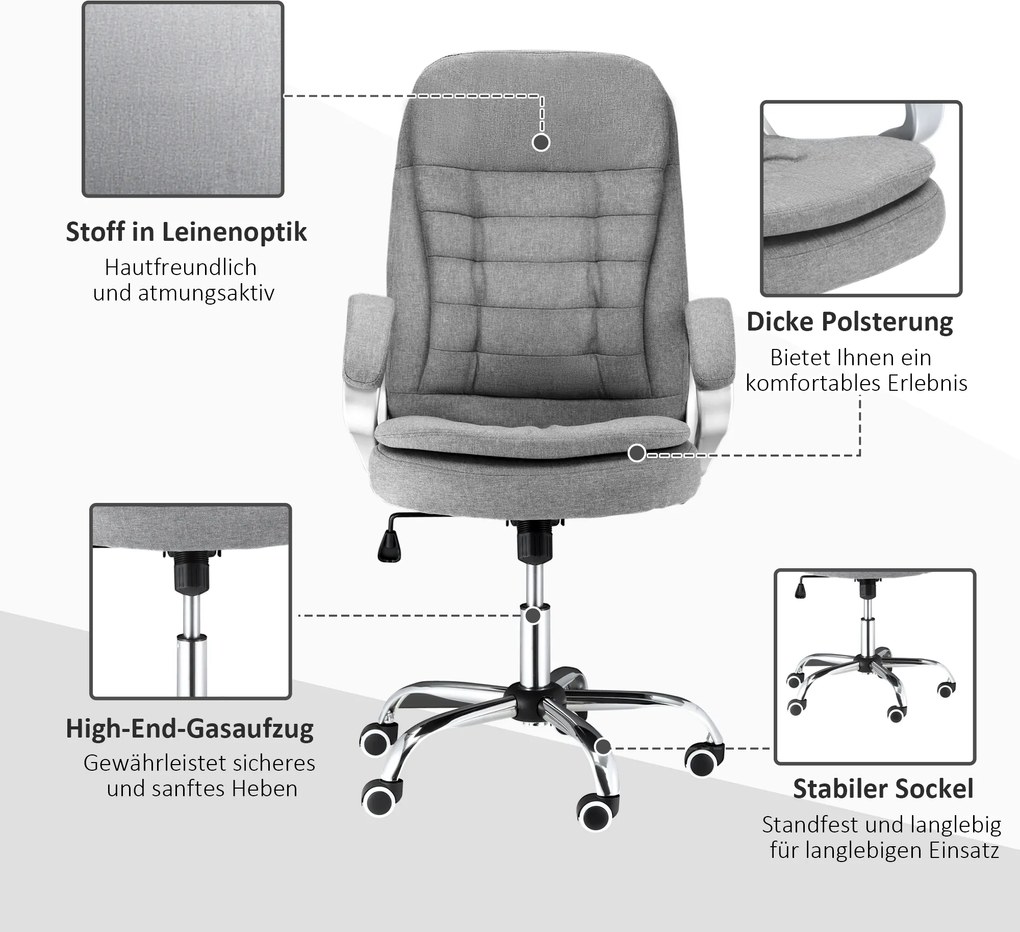 HOMCOM Fotel biurowy ergonomiczny obrotowy 360 stopni regulacja wysokości funkcja przechylania szary len | Aosom PL