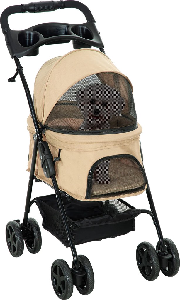 Outsunny Wózek dla psa składany z 2 pasami bezpieczeństwa do 20 kg khaki | Aosom PL