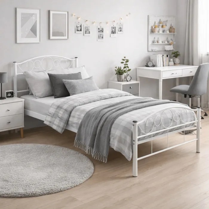 Łóżko Metalowe Jednoosobowe 90x200 cm ze Stelażem GRIFFIN Metalowe Białe