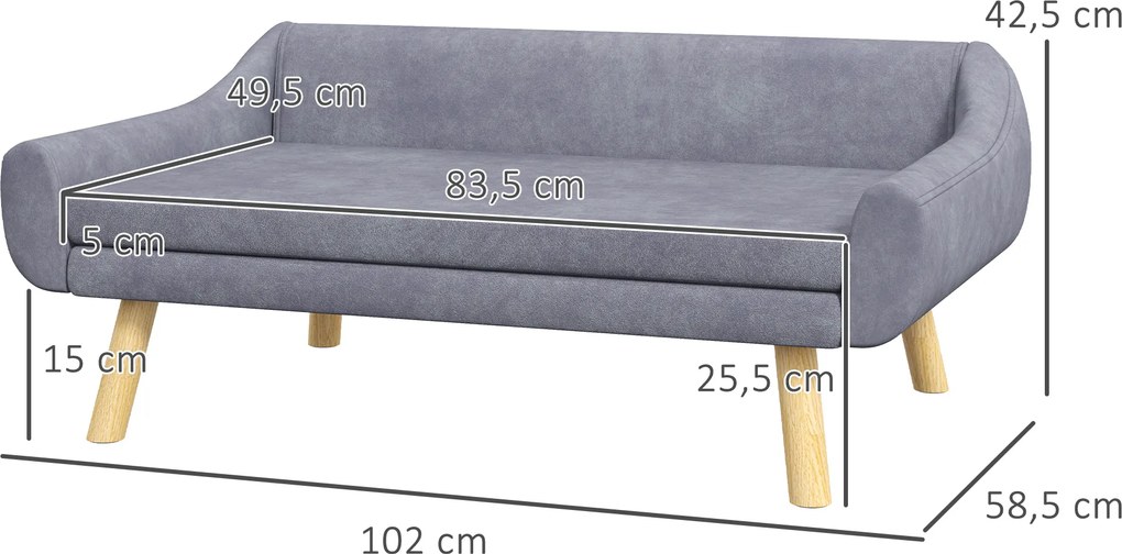 PawHut Sofa dla zwierząt Sofa dla psów, Skandynawski design, zdejmowana poduszka, efekt aksamitu, 102 cm x 58,5 cm x 42,5 cm, Szary + Naturalny
