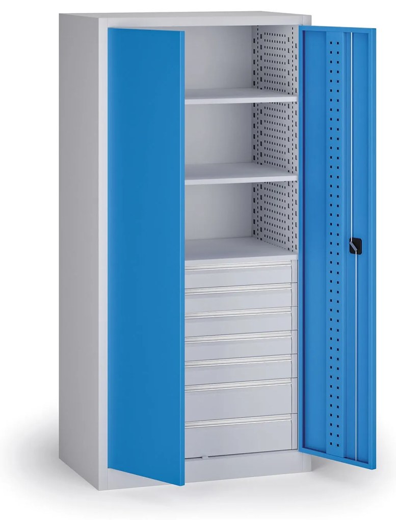 Szafa warsztatowa na narzędzia KOVOS, 3 półki, 7 szuflad, perforowana, 950 x 600 x 1950 mm, niebieski