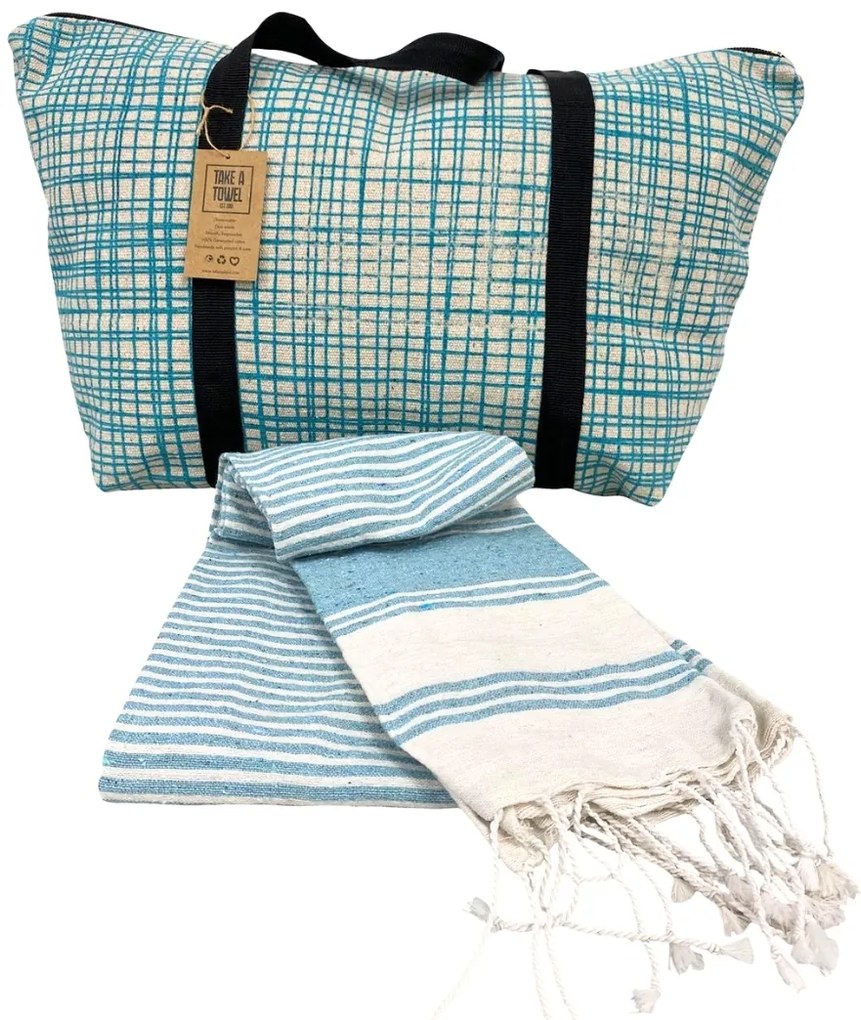 Stylowy zestaw torby plażowej + ręcznika plażowego HAMAM 75x150 cm, turkusowy, 100% bawełna organiczna
