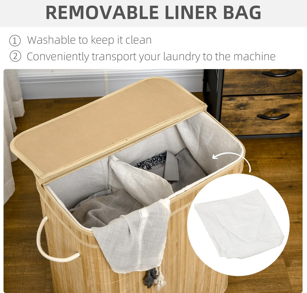 HOMCOM Składany kosz na pranie z bambusa, poręczny 90 L pojemnik na pranie z wyjmowanym wewnętrznym workiem i pokrywą
