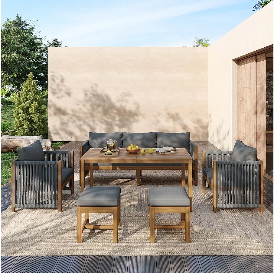 Zestaw mebli ogrodowych modułowy ocynkowany stalowy dla 7 osób - sofa 3-osobowa i 2 sofy pojedyncze + stolik kawowy i 2 hokery - szary