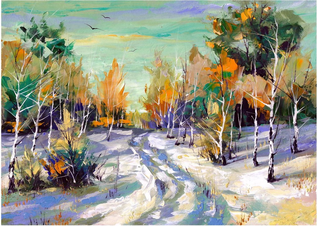 Obraz na szkle - Zaśnieżona ścieżka przez las, obraz olejny (70x50 cm)