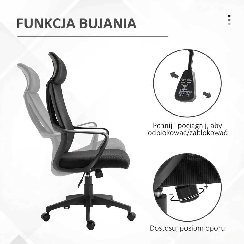 Vinsetto Krzesło Biurowe, Krzesło Biurkowe z Funkcją Bujania, Regulowane z Podparciem Głowy, Wsparciem Lędźwiowym - Czarny