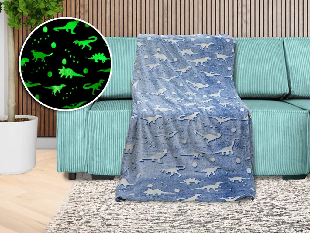 Niebieski świecący koc z mikroflaneli DINO BLUE 150x200 cm