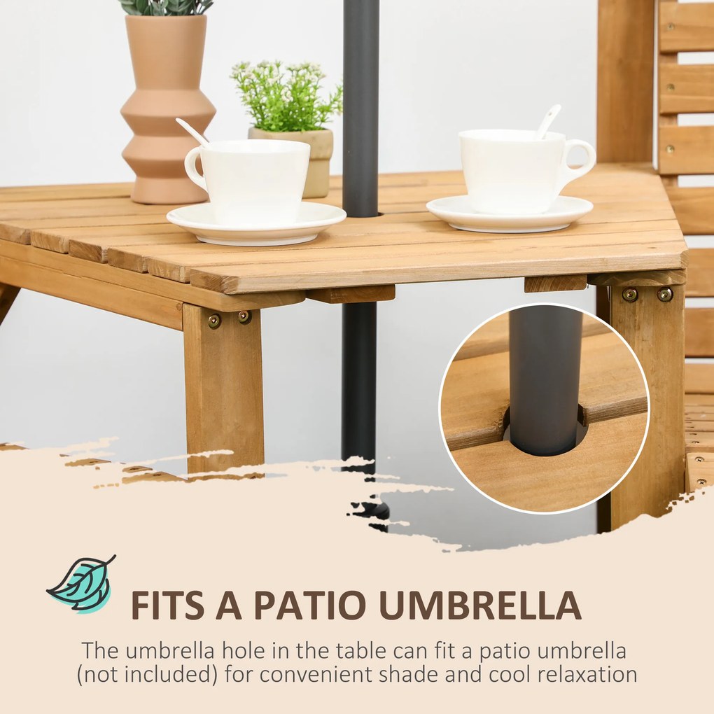 Outsunny Zestaw Balkonowy 3-częściowy z Drewna, Odporne na Warunki Atmosferyczne, Zestaw Mebli Ogrodowych z Lamelkowym Designem, Otwór na Parasol, Brązowy | Aosom PL