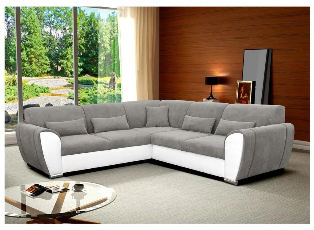 Rozkładany narożnik z pojemnikiem w układzie L VISEU lewy szary/biały