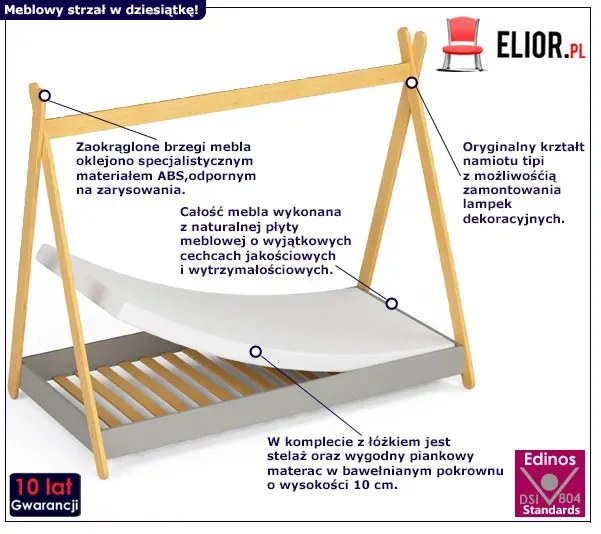 Skandynawskie łóżko tipi szare- Lori 4X 80x180