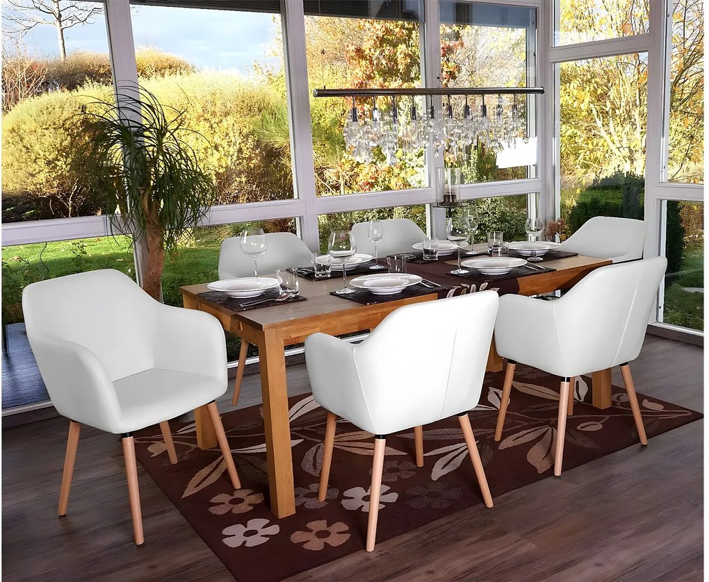 Krzesło do jadalni Vaasa T381 (zestaw 6 sztuk),  imitacja skóry, białe, jasne nogi