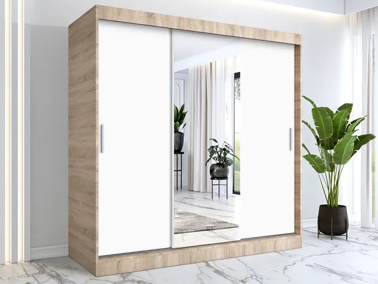 Szafa przesuwna dąb sonoma + biały 200 cm - Massi 6X