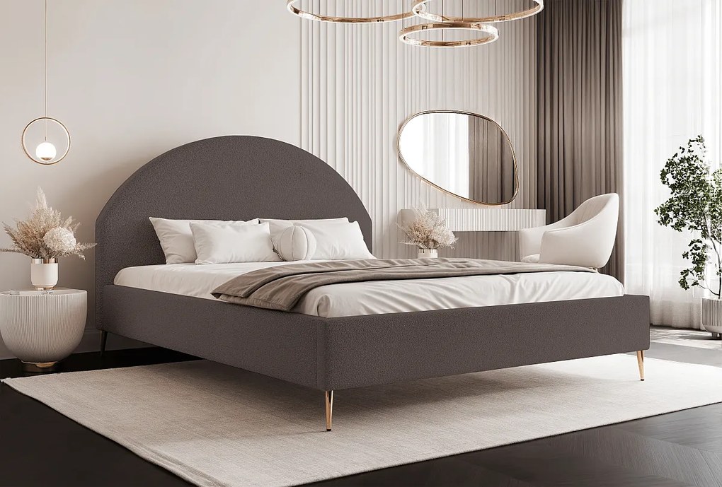 BESILIO Łóżko tapicerowane Boucle 180x200 Velora II - stelaż listwowy, wezgłowie, pojemnik, łóżko slim, wysokie złote nogi - Brązowy