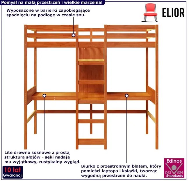 Brązowe łóżko piętrowe z biurkiem z drewna sosnowego 90x200 Izor