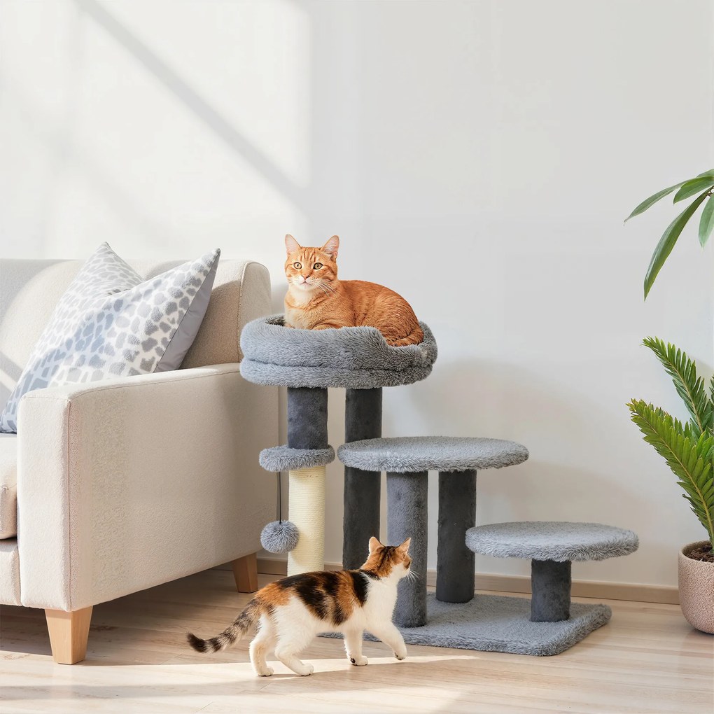 PawHut Drapak i schody dla kota, szeroka podstawa, materiał pluszowy, słupek do drapania z sizalu, szary